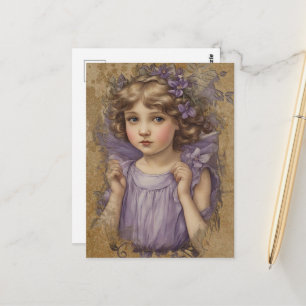 Postal Hermoso hada vintage y flores púrpuras