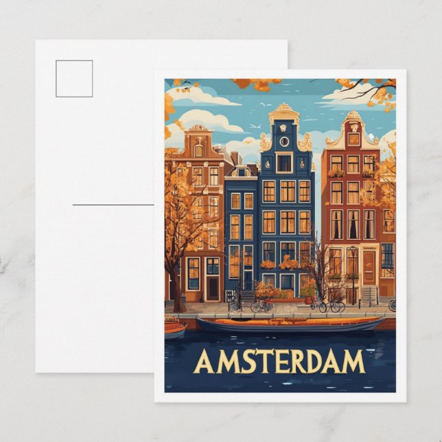 Postal Hermoso Ilustracion de arte de Ámsterdam Viaje (Anverso / Reverso)