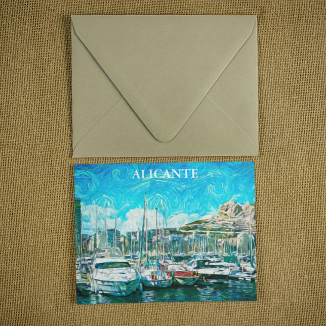 Postal Hermoso Ilustracion de pintura al óleo de Alicante (Alicante Spain coastal view postcard)