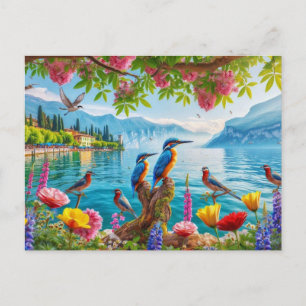 Postal Hermoso lago con aves y flores Pintura