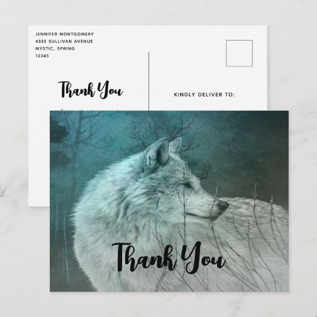 Postal Hermoso lobo gris en un bosque oscuro gracias (Anverso / Reverso)