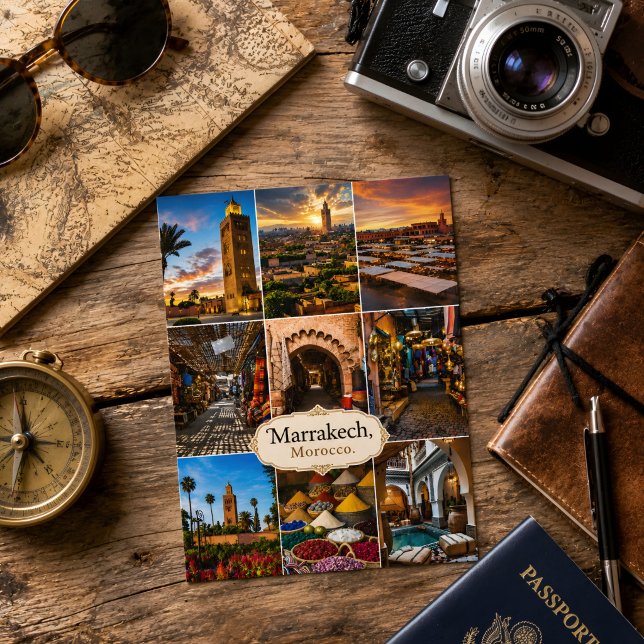 Postal Hermoso Marrakech Marruecos Collage Medina  (Morocco's Marrakech postcard. )