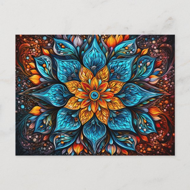 Postal Hermoso Naranja Azul Mandala Patrón Geométrico (Anverso)