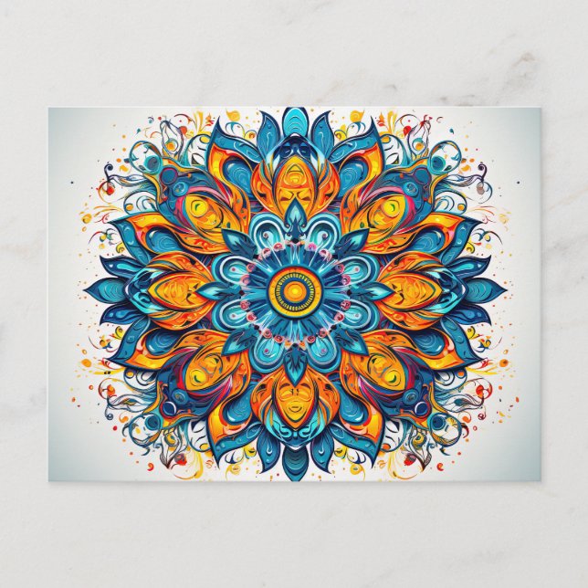 Postal Hermoso Naranja Azul Mandala Patrón Geométrico (Anverso)