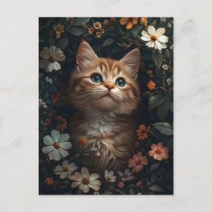Postal Hermoso Naranja Kitten con flores silvestres