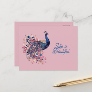 Postal Hermoso pavo real azul rosa azul marino