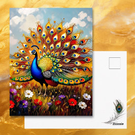 Postal Hermoso pavo real azul y dorado manteniéndose en c