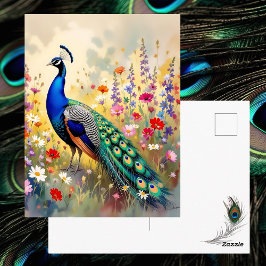 Postal Hermoso Pavo Real en Prado Floral | Saludo