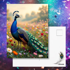 Postal Hermoso pavo real en un campo floral