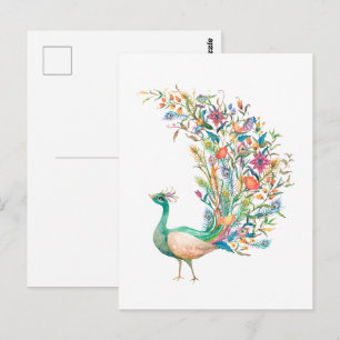 Postal Hermoso pavo real verde acuarela