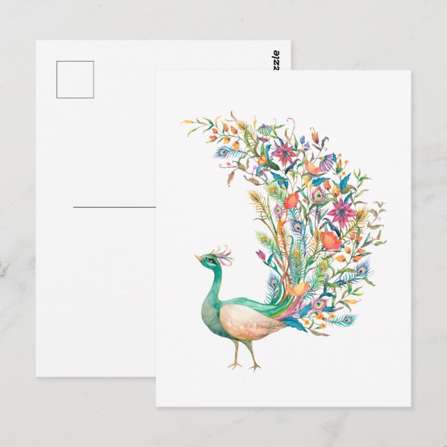Postal Hermoso pavo real verde acuarela (Anverso / Reverso)