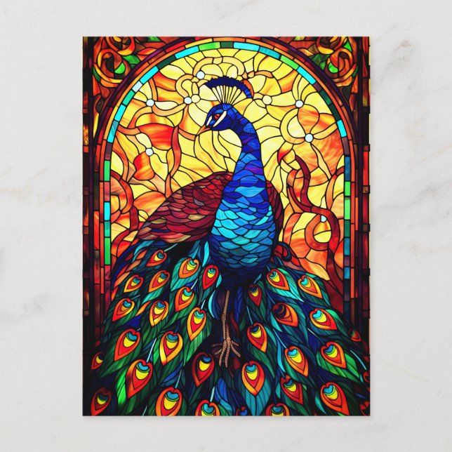 Postal Hermoso Peacock Vidrio Manchado (Anverso)