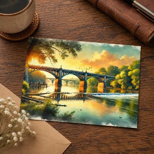 Postal Hermoso Puente Calido Verde James Río Acuarela