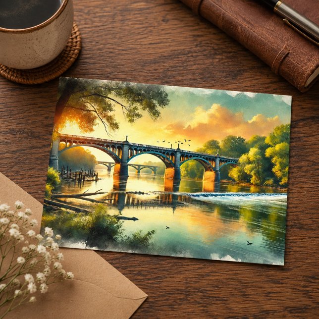 Postal Hermoso Puente Calido Verde James River Acuarela (Subido por el creador)