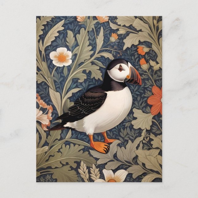 Postal Hermoso Puffin William Morris inspirado (Anverso)