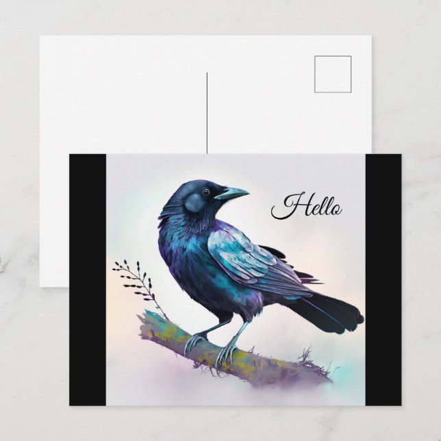 Postal Hermoso Raven en una rama de árbol (Anverso / Reverso)