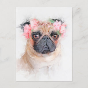 Postal Hermoso retrato de la corona de flores de Pug