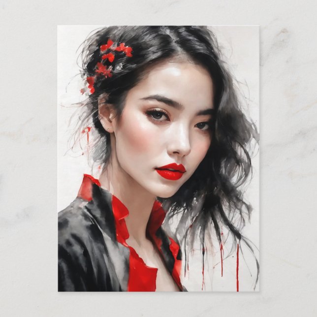 Postal Hermoso retrato de Lady Red Ink (Anverso)