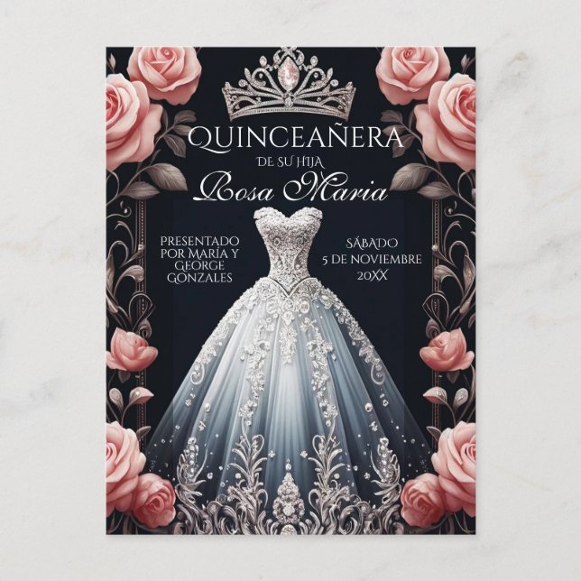 Postal Hermoso Rosa español de Quinceañera (Anverso)