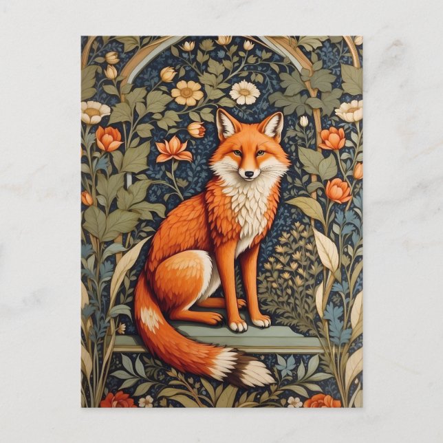 Postal Hermoso Sitting Red Fox William Morris Inspirado (Anverso)