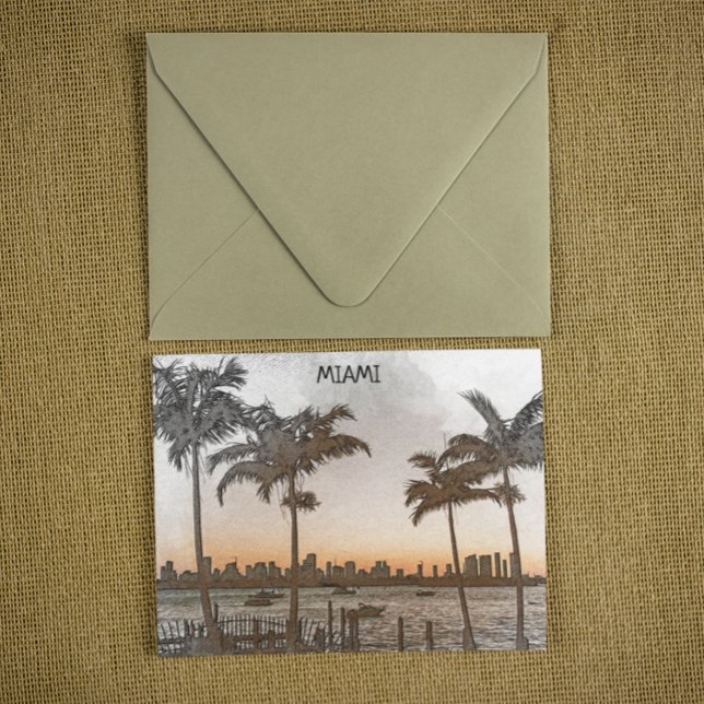 Postal Hermoso Skyline de Miami Florida Vintage (miami florida palm trees panorama view postcard)