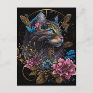Postal Hermoso steampunk Maine Coon con flores arte de IA
