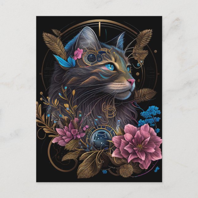 Postal Hermoso steampunk Maine Coon con flores arte de IA (Anverso)