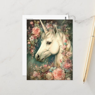 Postal Hermoso unicornio y flores