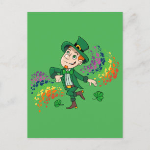 Postal Hermoso y alegre leprechaun bailando, un arco iris