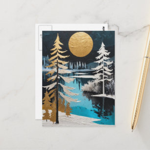 Postal Hermosos árboles de invierno y pintura de nieve en