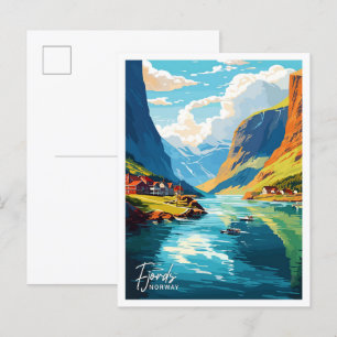 Postal Hermosos fiordos ilustracion de viajes de arte de 