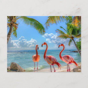 Postal Hermosos flamencos rosados Océano Palmas Árboles A