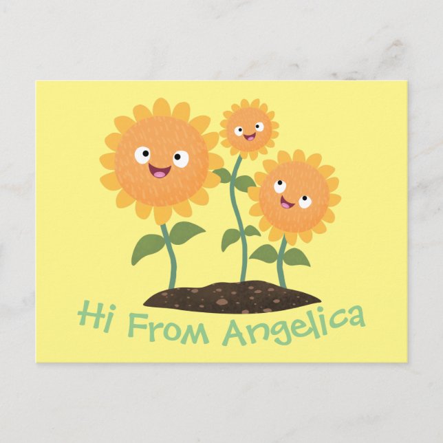 Postal Hermosos girasoles alegres sonrientes ilustracion  (Anverso)
