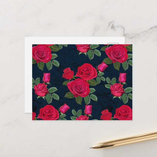 Postal Hermosos Rosas (A vibrant floral pattern featuring red and pink roses against a dark navy background!)