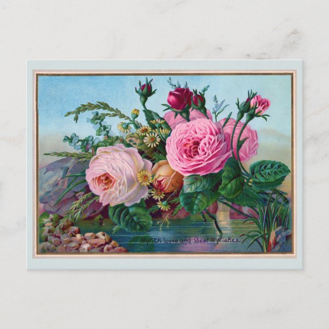 Postal Hermosos Rosas a lo largo del saludo de agua (Anverso)