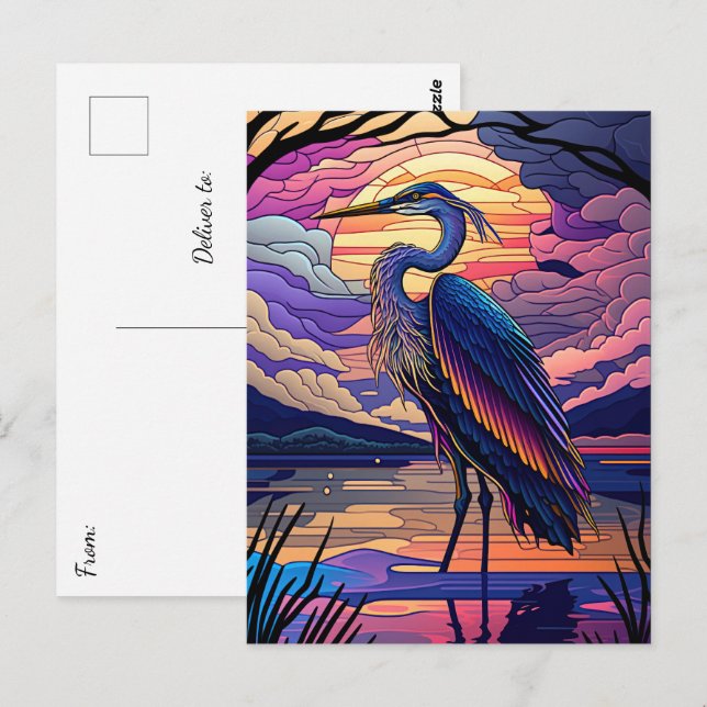 Postal Heron azul al atardecer (Anverso / Reverso)