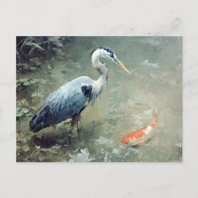 Postal Heron y Vibrant Koi Fish (Anverso)