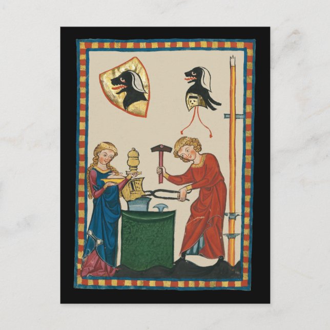 Postal Herrero Forjando Casco Arte Medieval (Anverso)