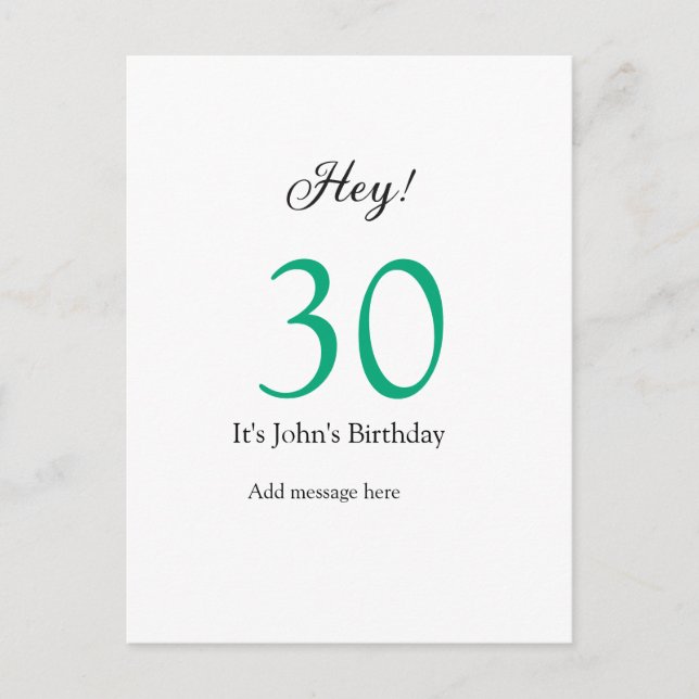 Postal Hey es el cumpleaños número 30 verde negro letra n (Anverso)