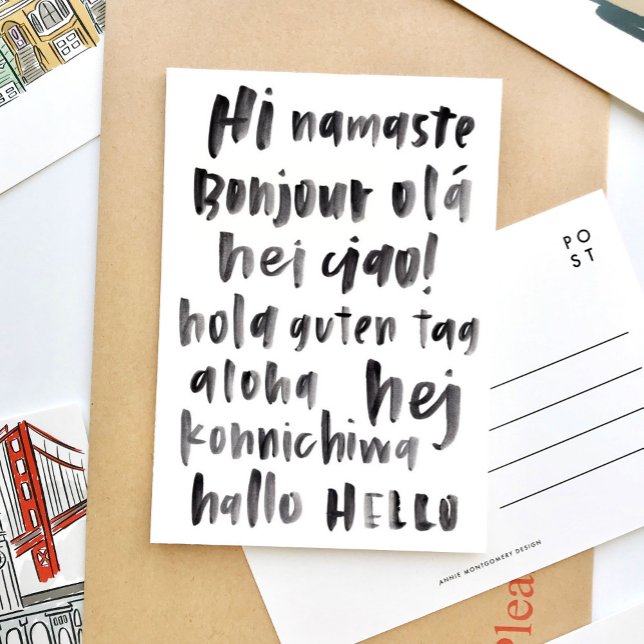Postal Hi Hello Lenguaje internacional multilingüe (Black and white watercolor lettering language travel postcard.)