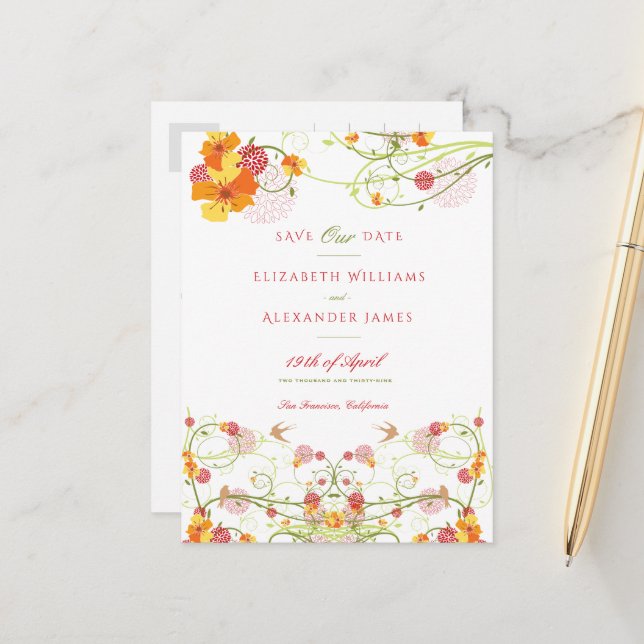 Postal Hibisco Amarillo y Golondrinas Floral Save The Dat (Anverso/Reverso In Situ)