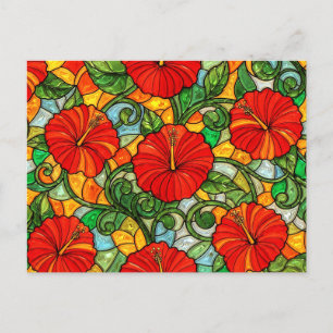 Postal Hibisco Naranja Dorado Rojo Vidrio Falso Teñido