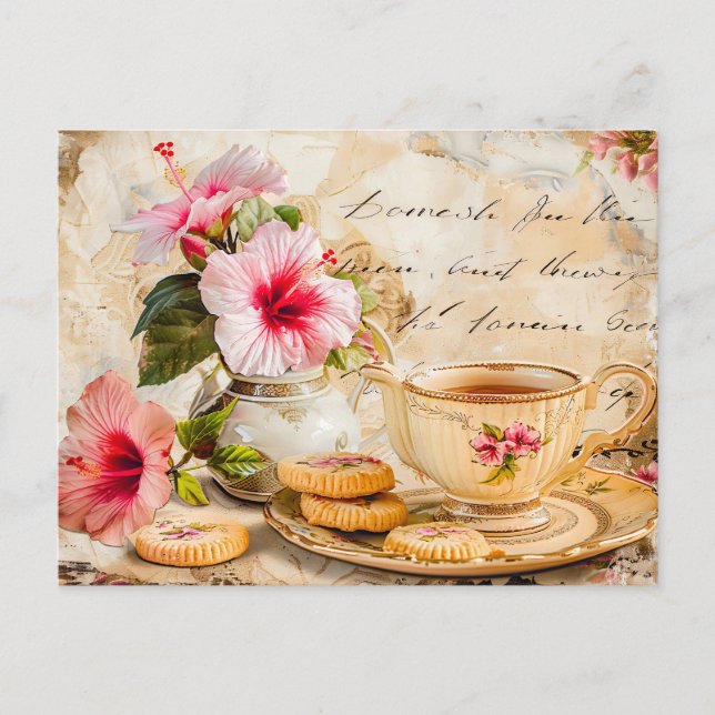 Postal Hibiscus Blossoms with Fantasy Script and Tea Cup (Anverso)