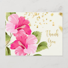 Postal Hibiscus rosado, confetti dorado gracias