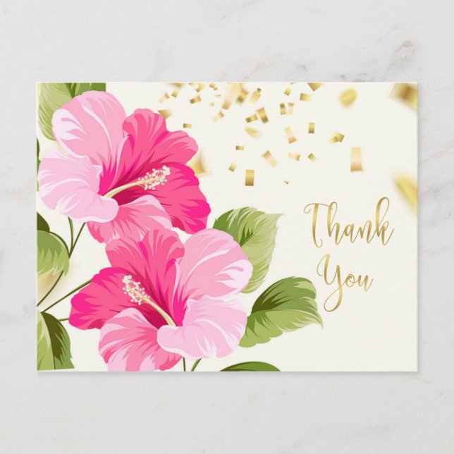 Postal Hibiscus rosado, confetti dorado gracias (Anverso)