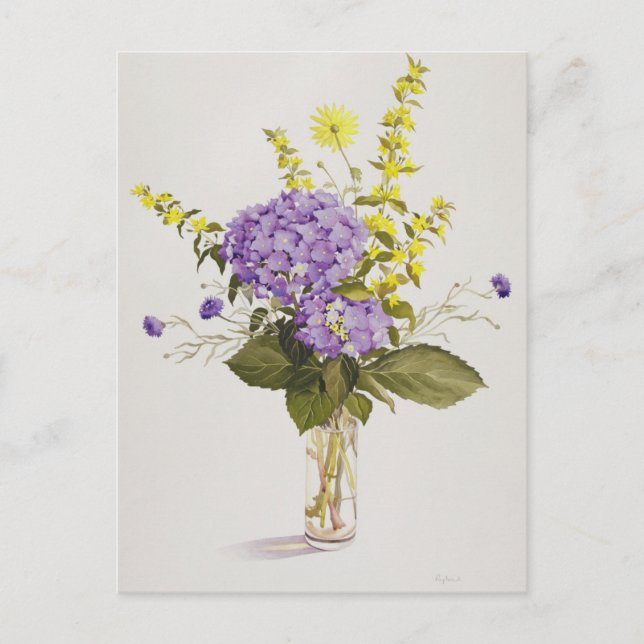 Postal Hidrangea azul con Loosestrife amarilla (Anverso)
