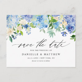 Postal Hidrangeas azules y Rosas de marfil salvan la fech