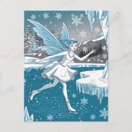Postal Hielo Adorable Patinaje Hada Azul Blanco