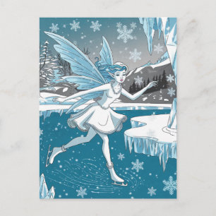 Postal Hielo Adorable Patinaje Hada Azul Blanco