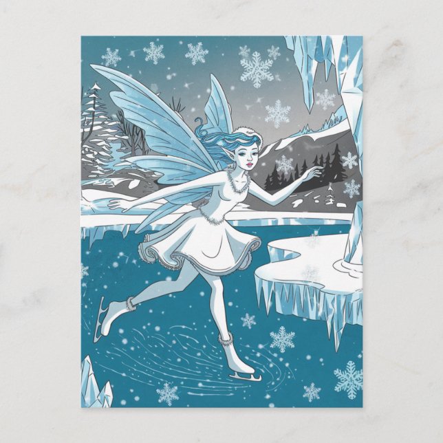 Postal Hielo Adorable Patinaje Hada Azul Blanco (Anverso)
